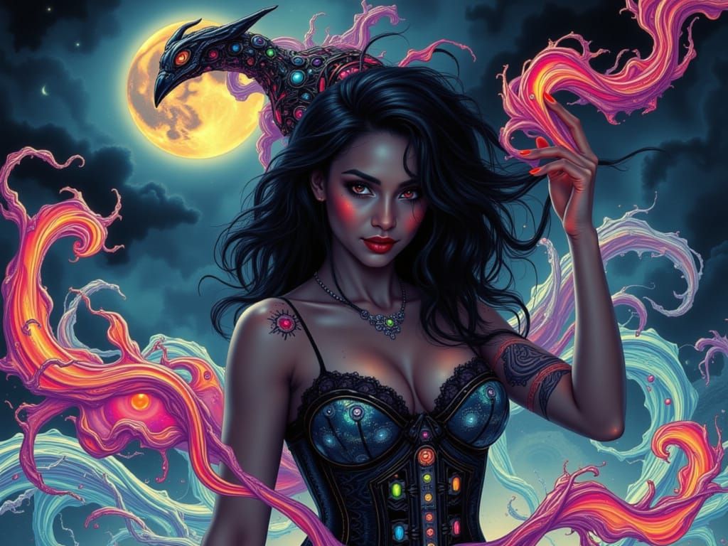 Android Witch Conjuring Spell in Cyberpunk Cityscape