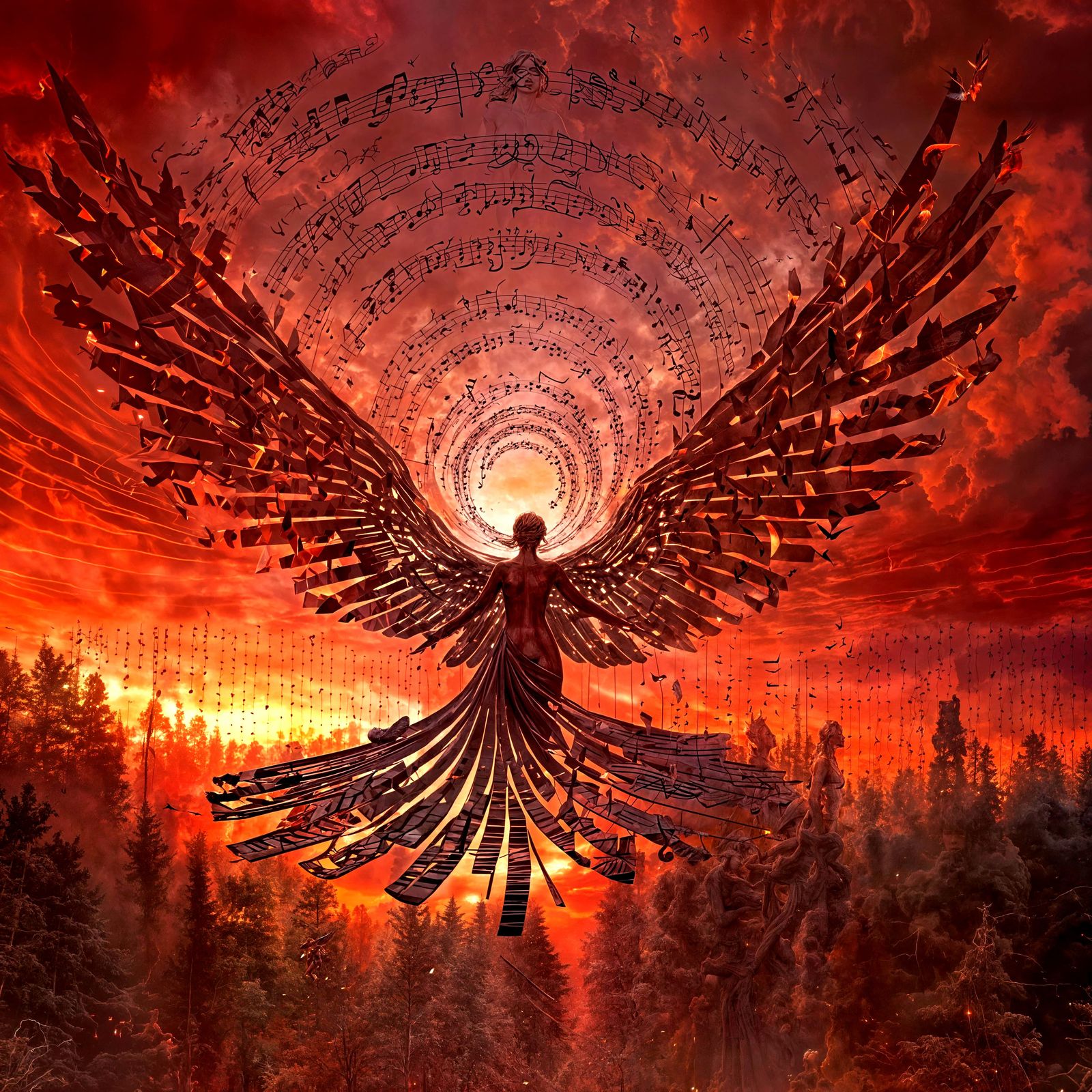 Angel Sculpture in Musical Storm: 3D Digital Art