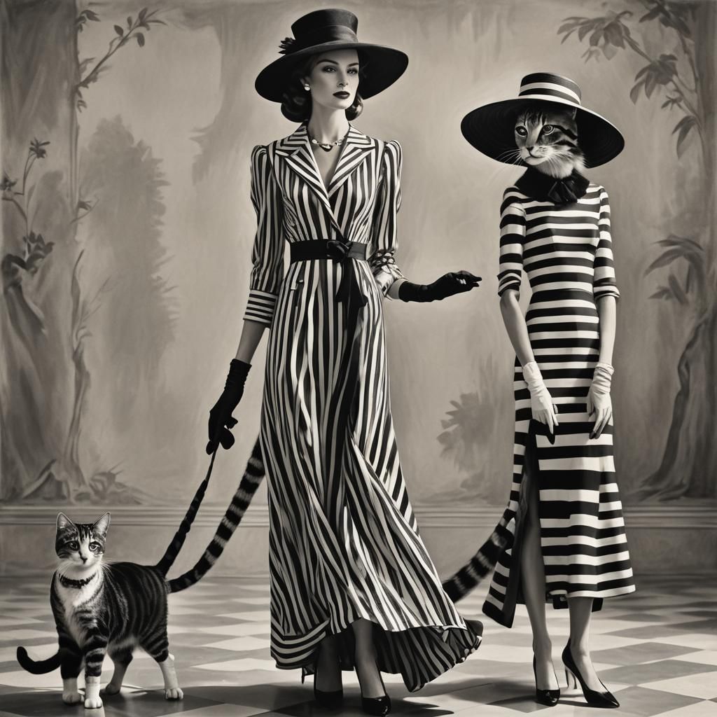 Elegant Woman and Cat in Striped Outfits