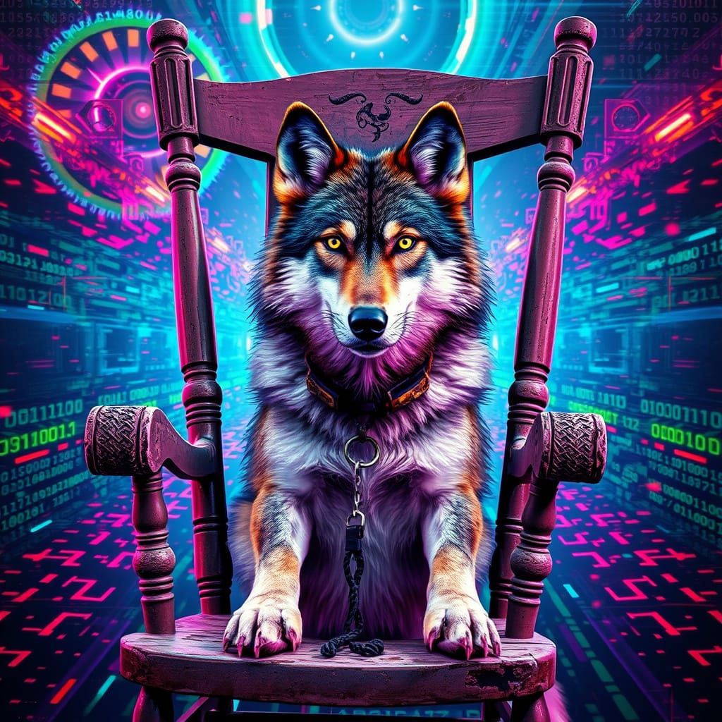 Wolf in Pixelated Rocking Chair with Digital Glitch Effect