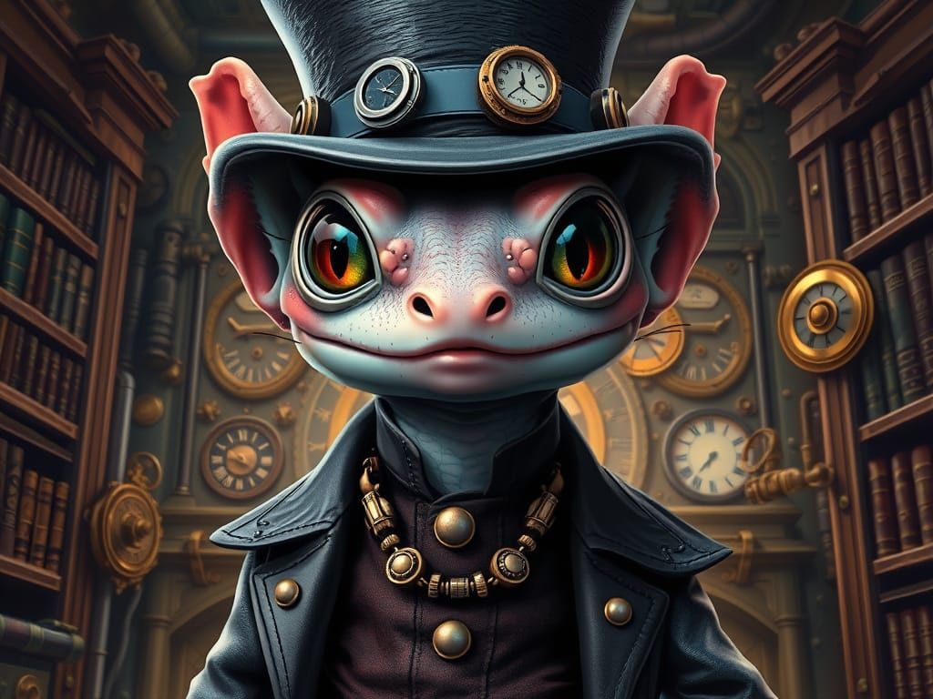 Steampunk Axolotl Enchantress in Elegant Victorian Library A...