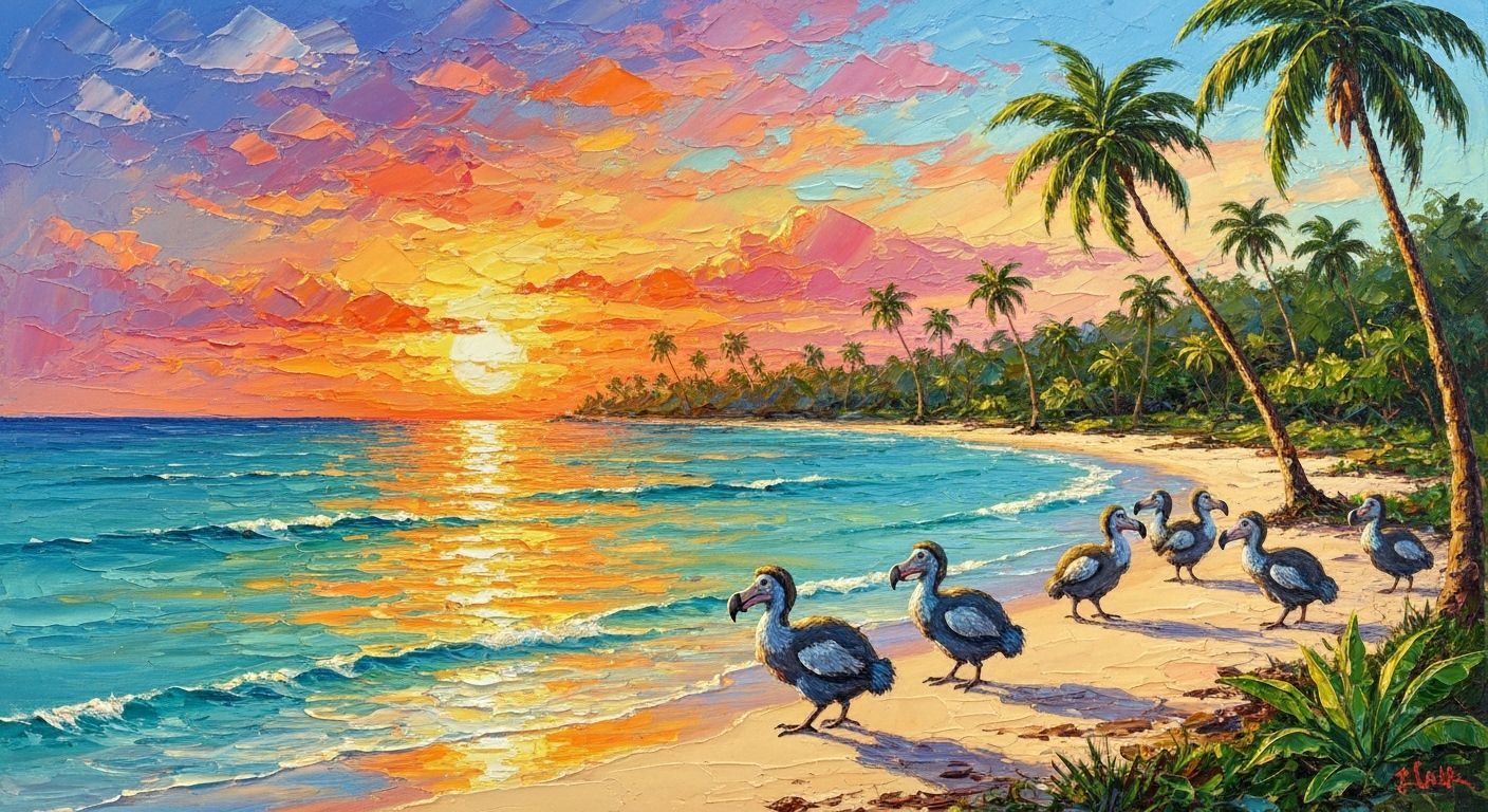 Dodo Birds on Tropical Shore as Impasto Painting