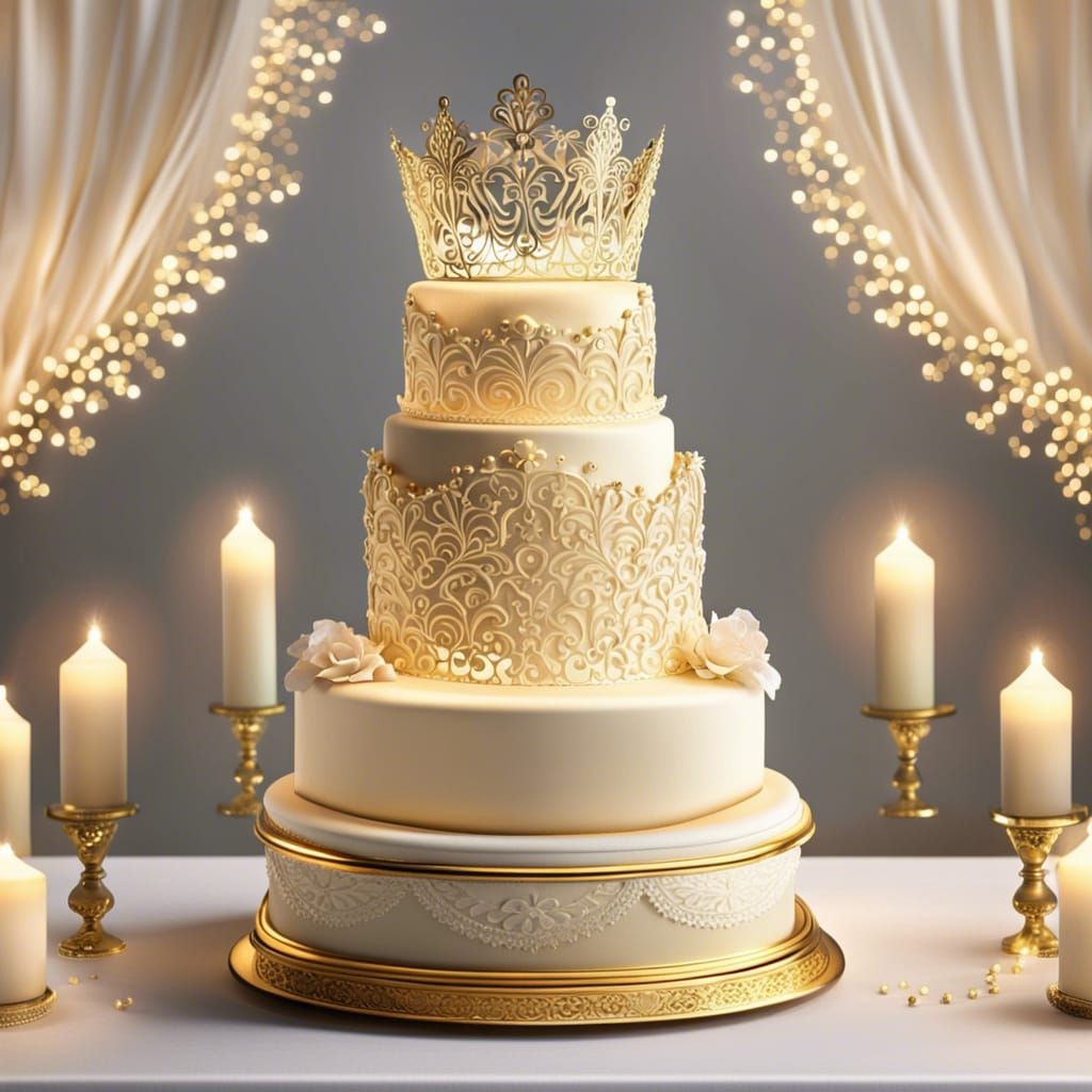 Elegant Wedding Cake with Gold Lace and Tiara