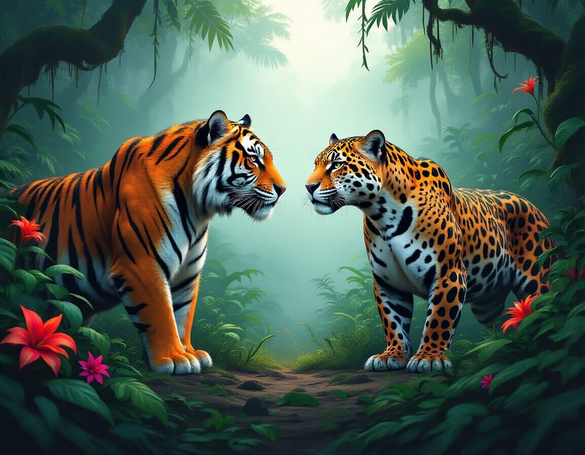 Tiger and Jaguar Face Off in Jungle Illustration