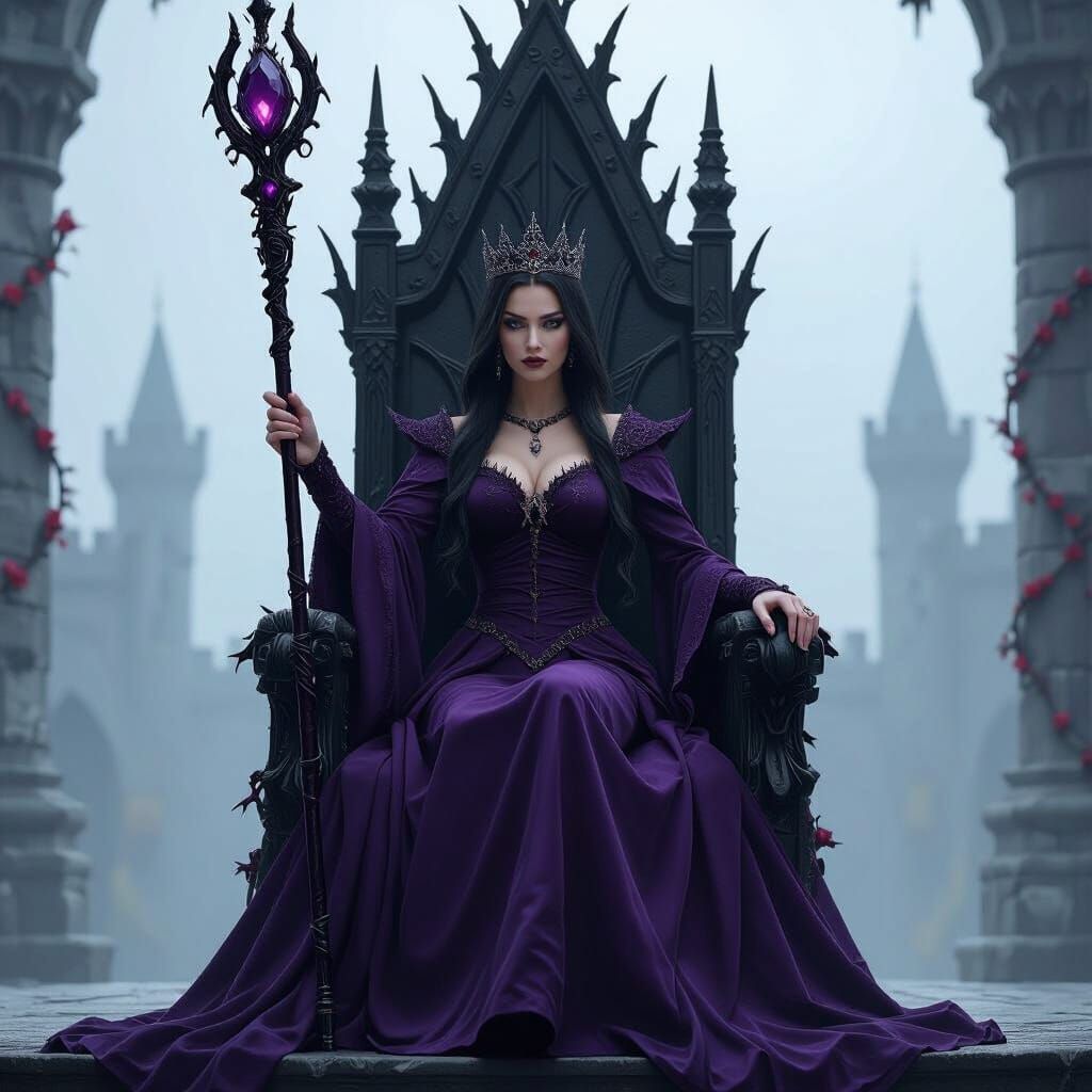 Villain Queen in Purple Dress Holds Jewel Staff on Thorn Thr...