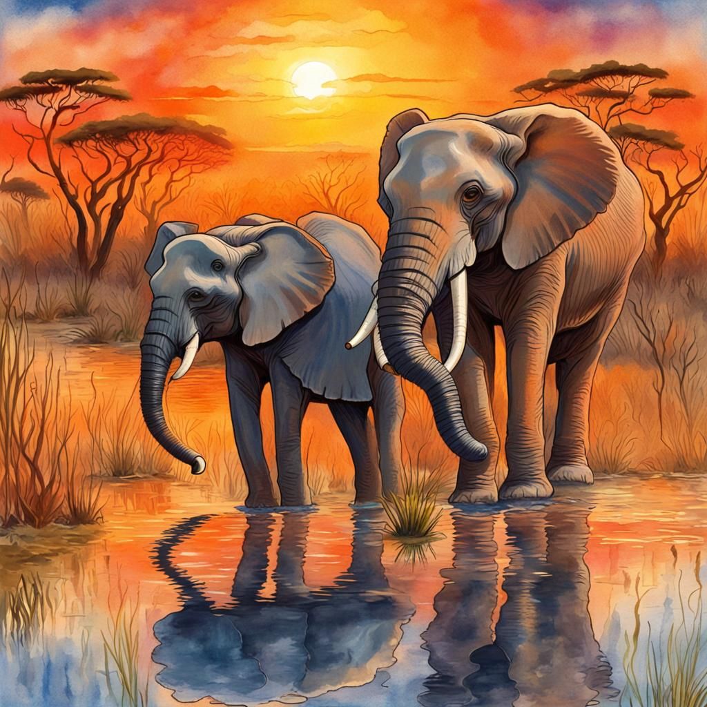 Okavango Delta Sunset in Watercolor Style