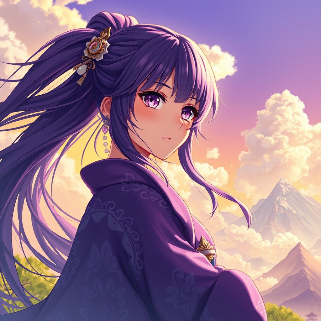 Anime Girl in Purple Kimono with Ombre Sky