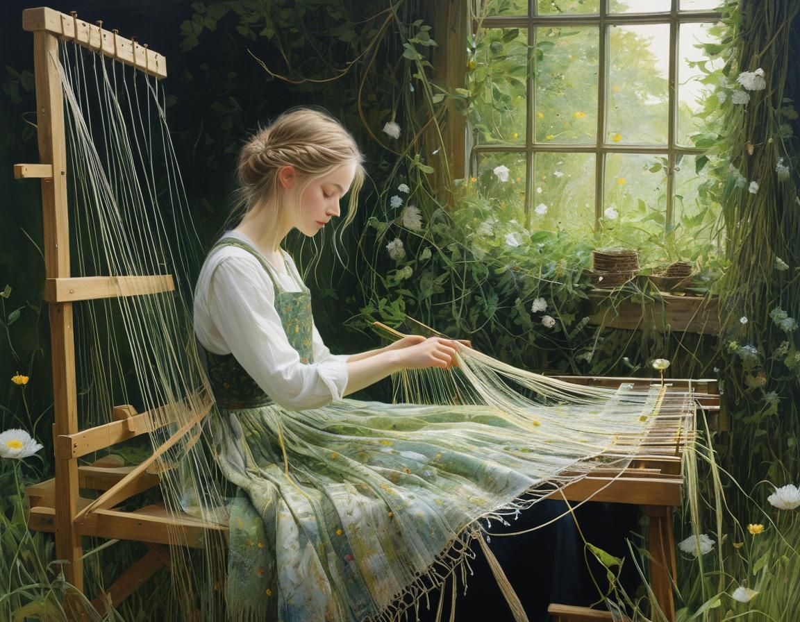 Weaver at Loom: Dreamlike Art in Watercolor Style