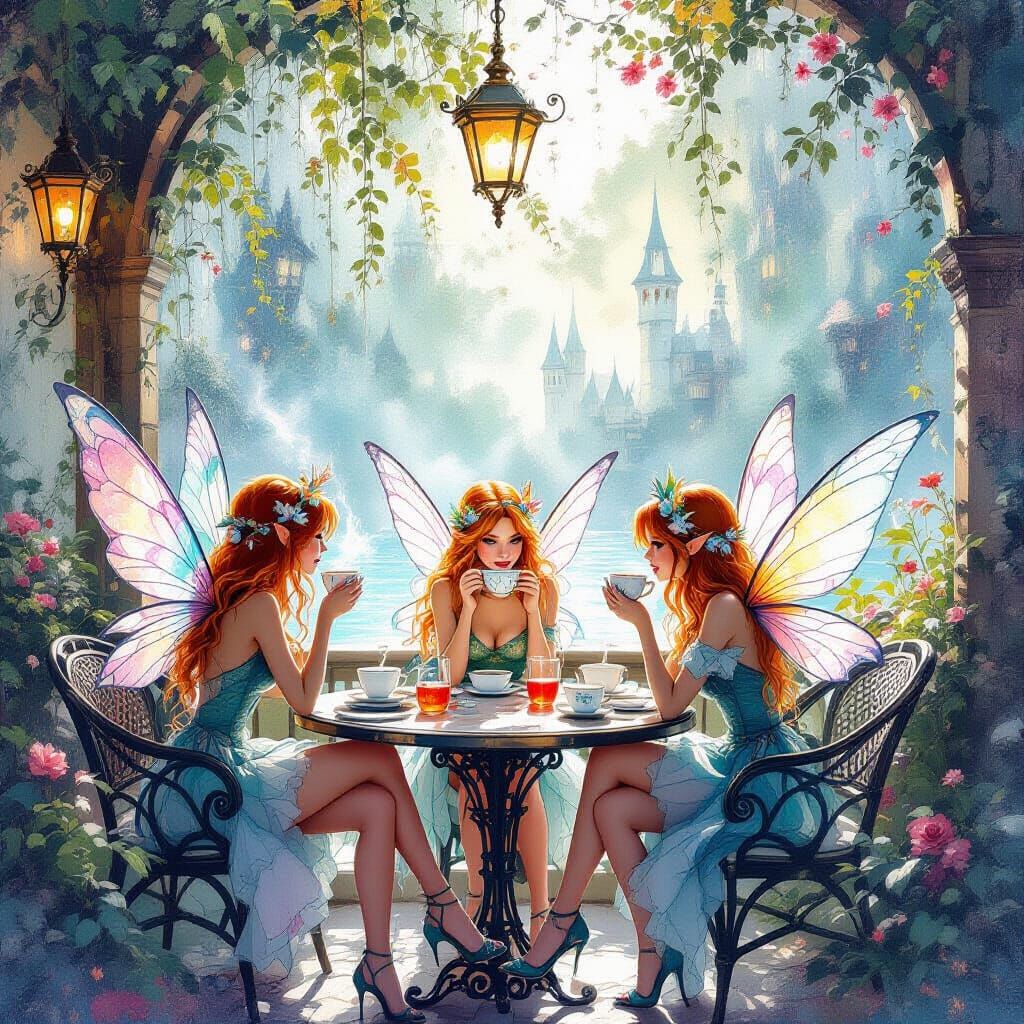 Fairies Enjoying Tea at Enchanted Cafe in Watercolor Style