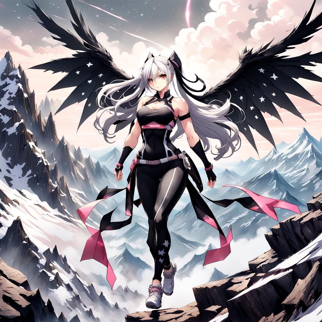 Muscular Winged Woman Climbs Mountain: Anime Style