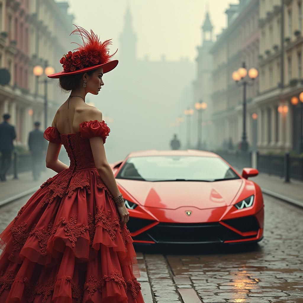 Victorian Lady and Lamborghini in Impressionist London