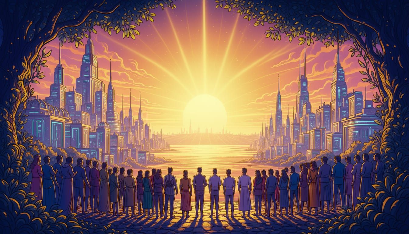 Hopeful Future Cityscape with Humanity and Nature