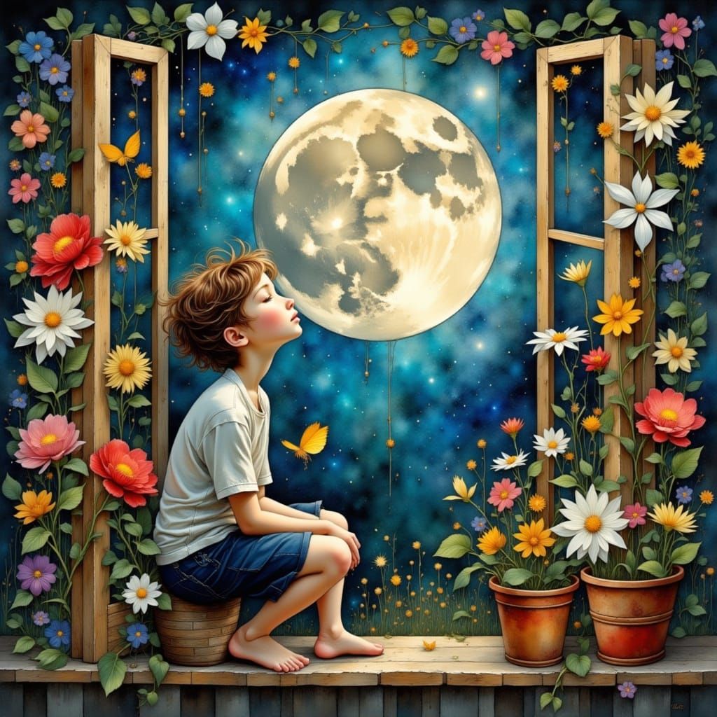 Ethereal Magic in Mosaic Style: Boy Gazing at Full Moon