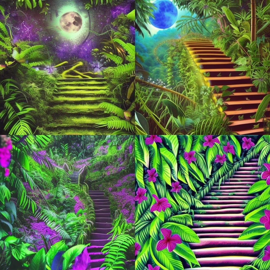 Luminous Jungle Stairway Under Purple Moon