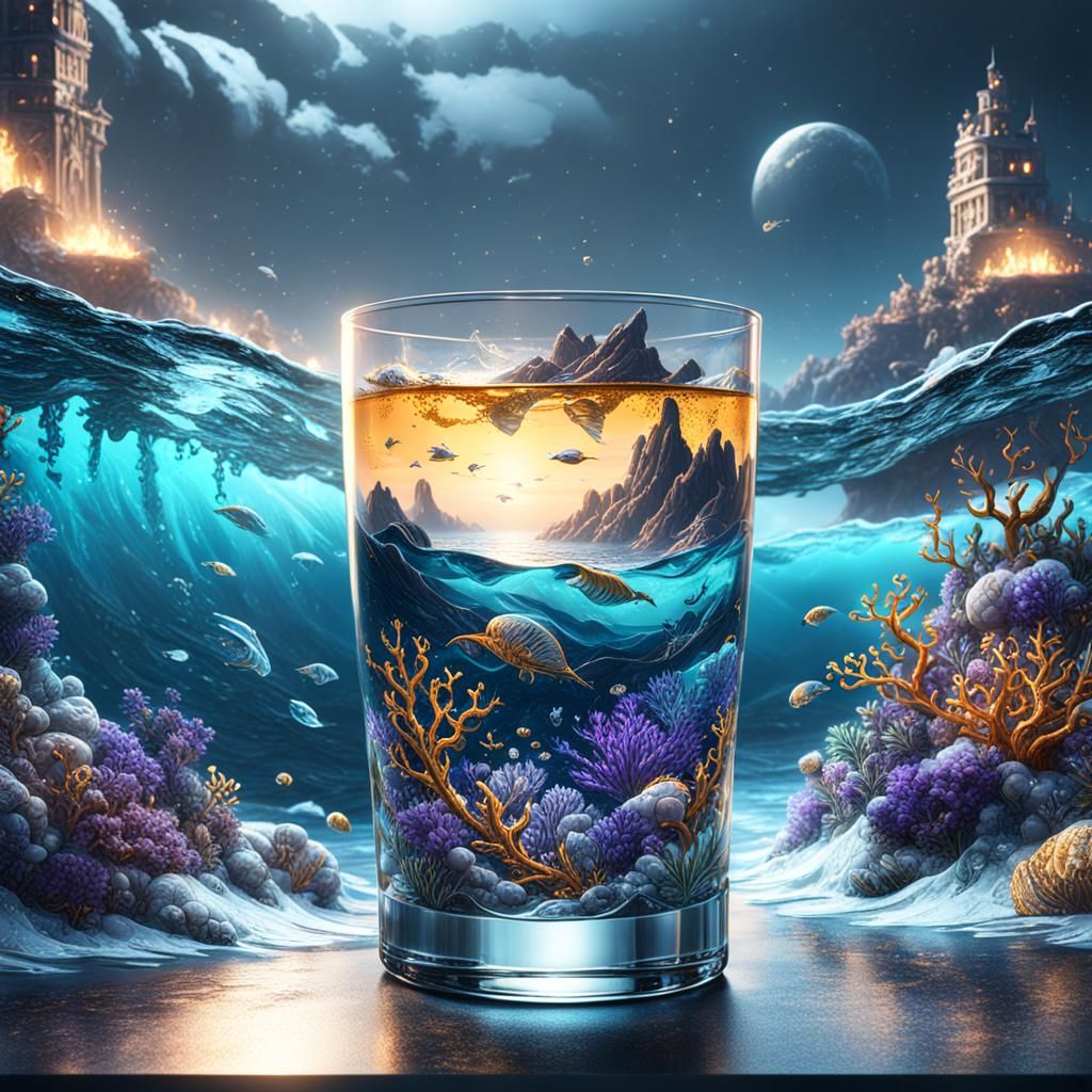 Ocean in a Glass at Midnight: Detailed Matte Painting