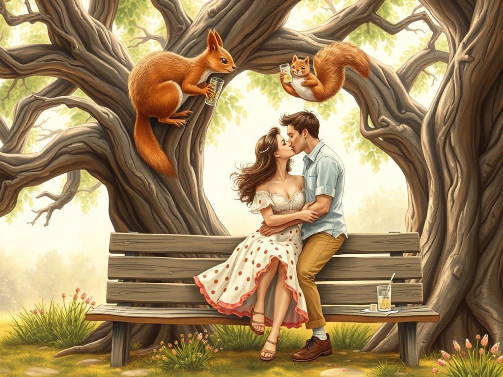 Romantic Couple Kissing with Mischievous Squirrel