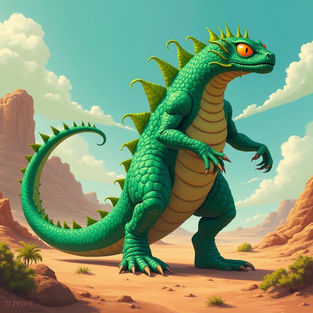 Emerald Anubis Dragon in Mythical Desert Landscape