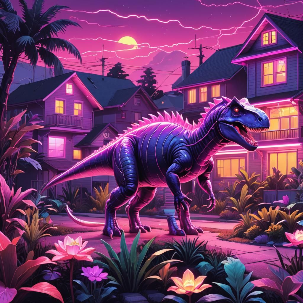 Synthwave Dinosaur with Neon House Accents