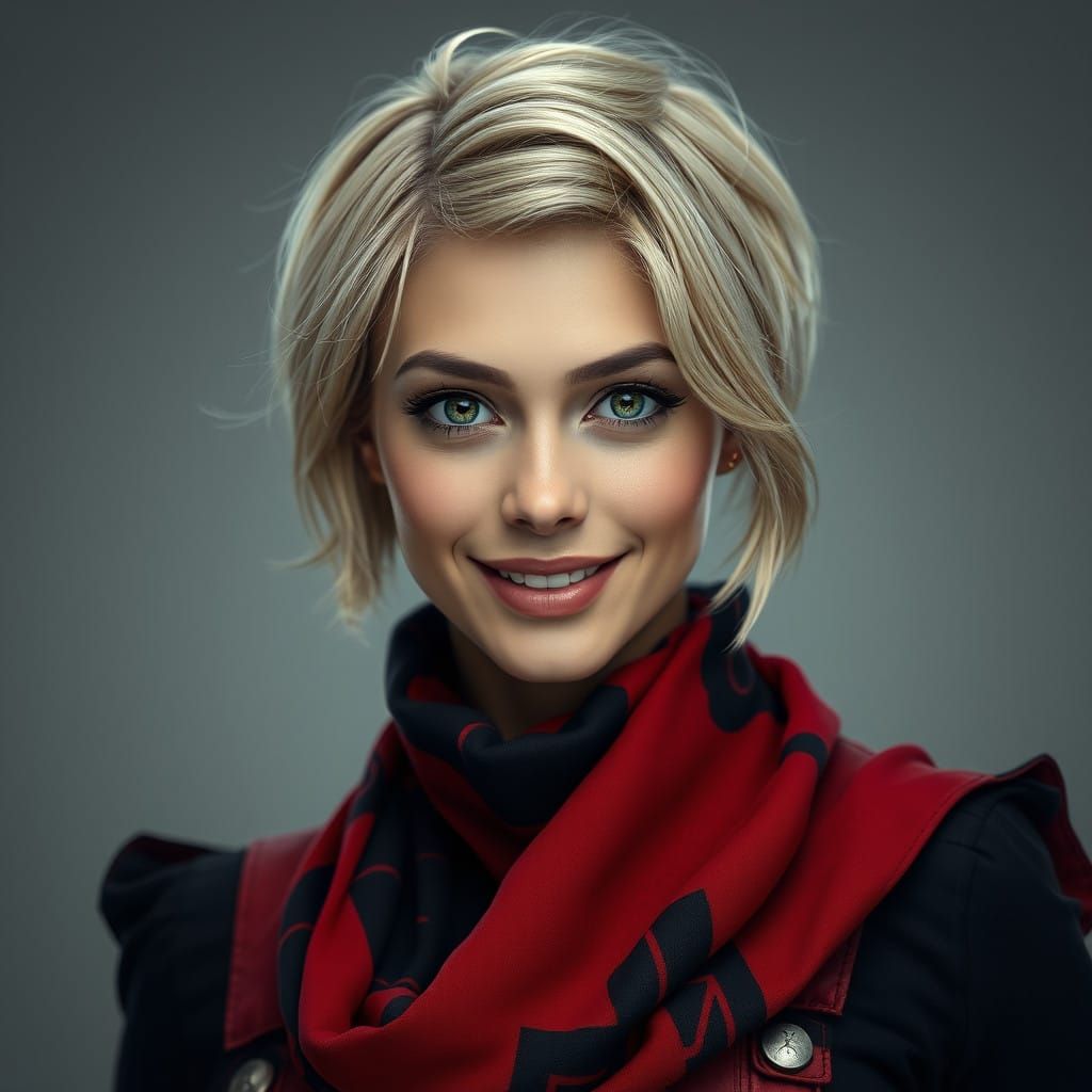 Elegant Woman in Red Jeans, Smiling with Razor Sharp Quality