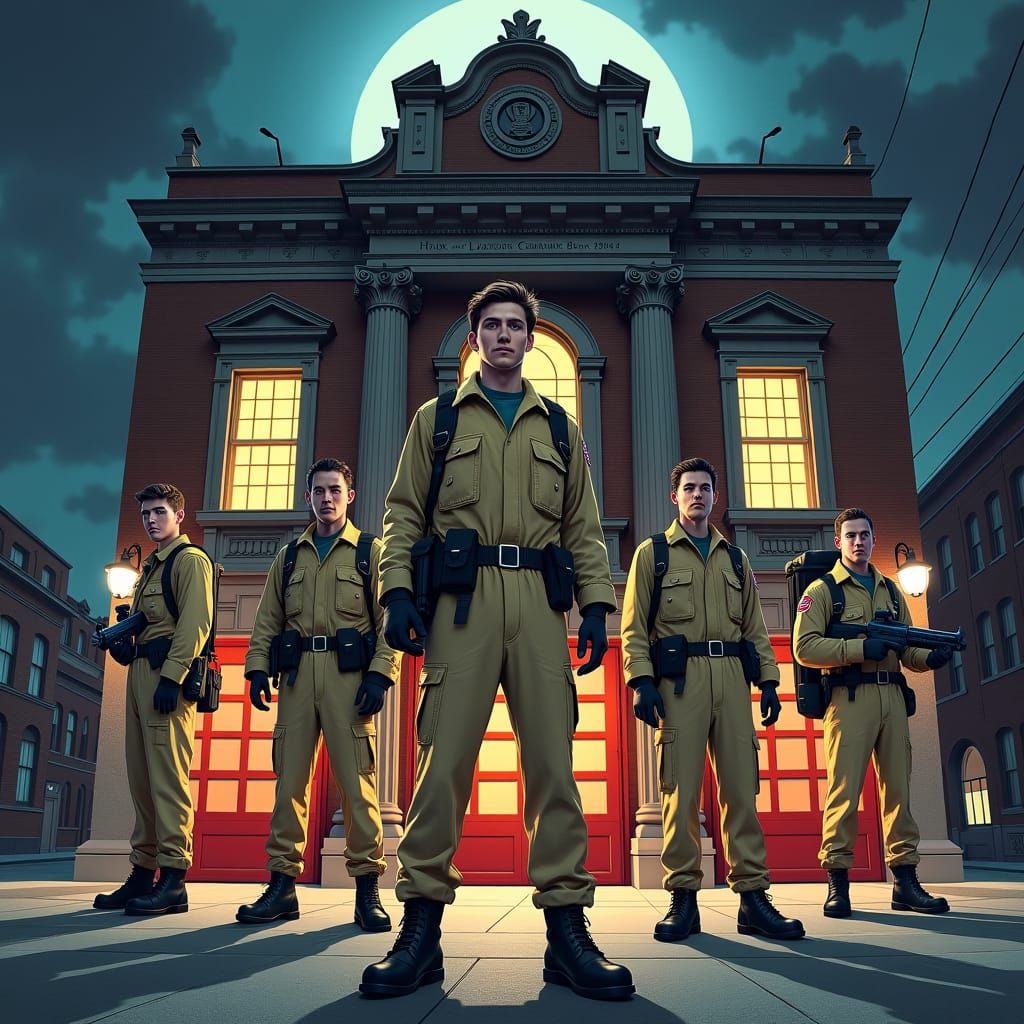 Ghostbusters Team Ready in Retro 80s Style