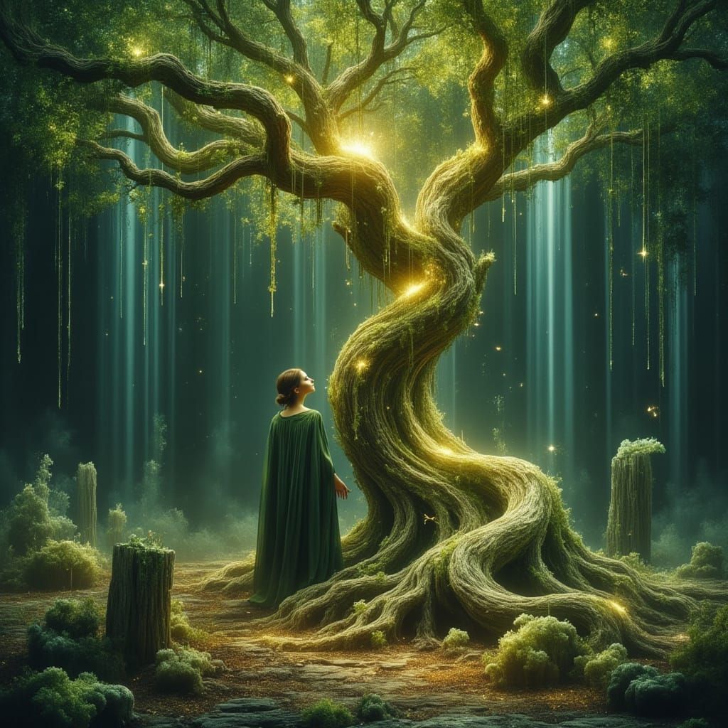 Celtic Druid and Glowing Tree in Forest