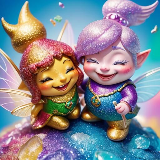 Fairy and Gnome Laughing in Candy Landscape