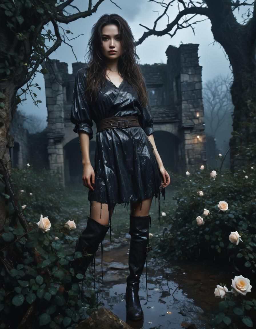 Chiaroscuro Portrait of Woman in Moonlit Ruins