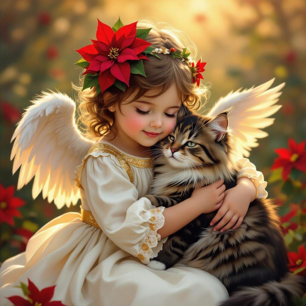 Baby Angel Hugs Tabby Cat in Golden Hour Light