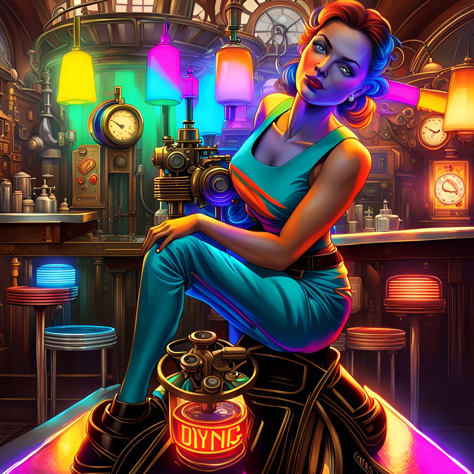 Steampunk Waitress Portrait with Engine Head