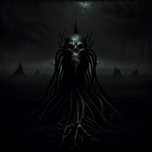 Twisted, Elongated Figure in a Desolate, Eerie Landscape