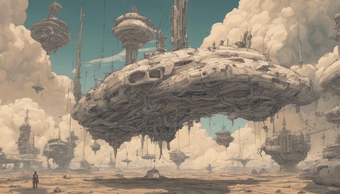 Ancient Starships Slowly Decay in the Desolate Mud Plain of the Planx System Starship Wreckers' Yard.