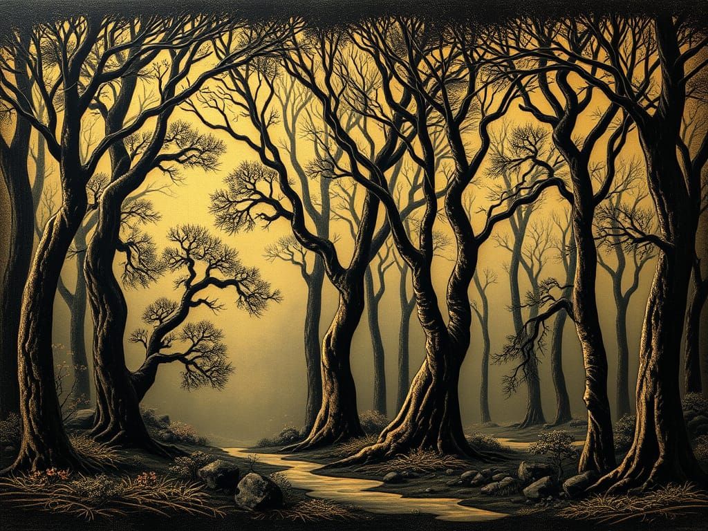 Xiamen Lacquer Line Carving Embodied Sgraffito Gilt-Edged Forest Seussian