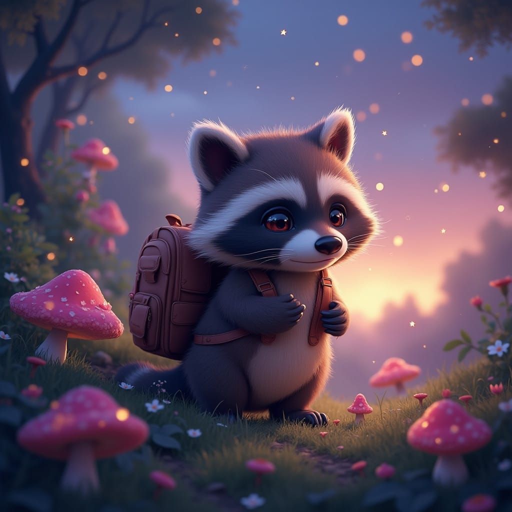 Whimsical Raccoon Cub Amidst Enchanted Forest