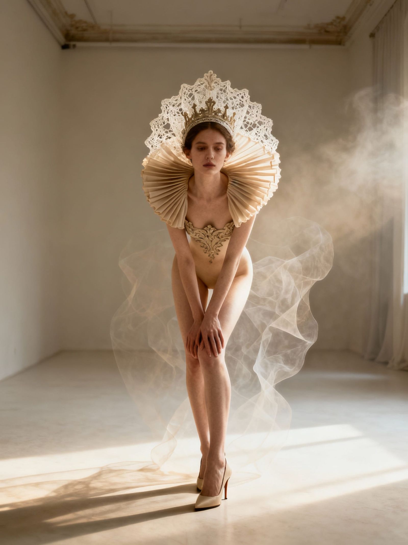 Ethereal Portrait of Woman in Couture Headpiece