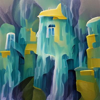 Gouache Painting of Waterfall Fortress
