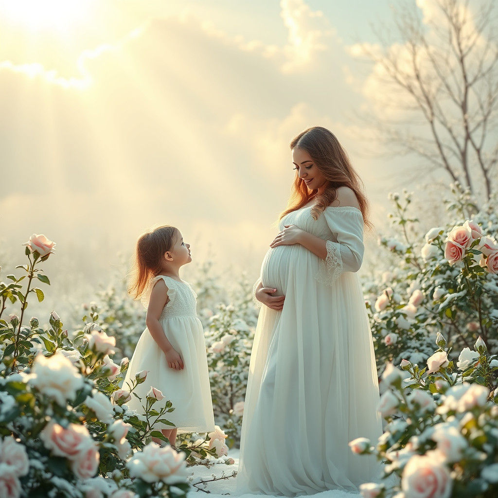 Pregnant Woman in Winter Rose Garden with Sunshine