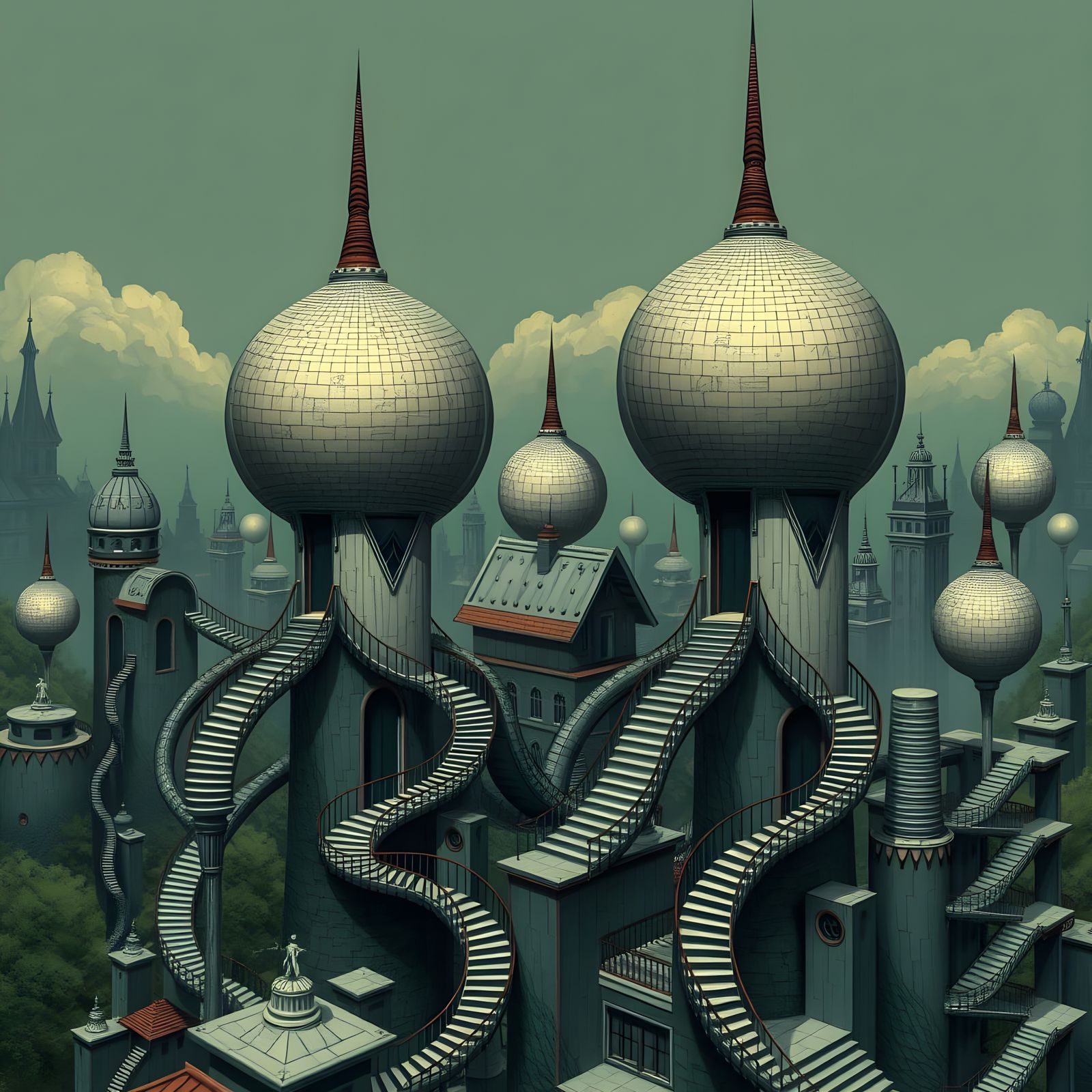 Surreal, Dark Cityscape with Rounded Houses and Impossible G...