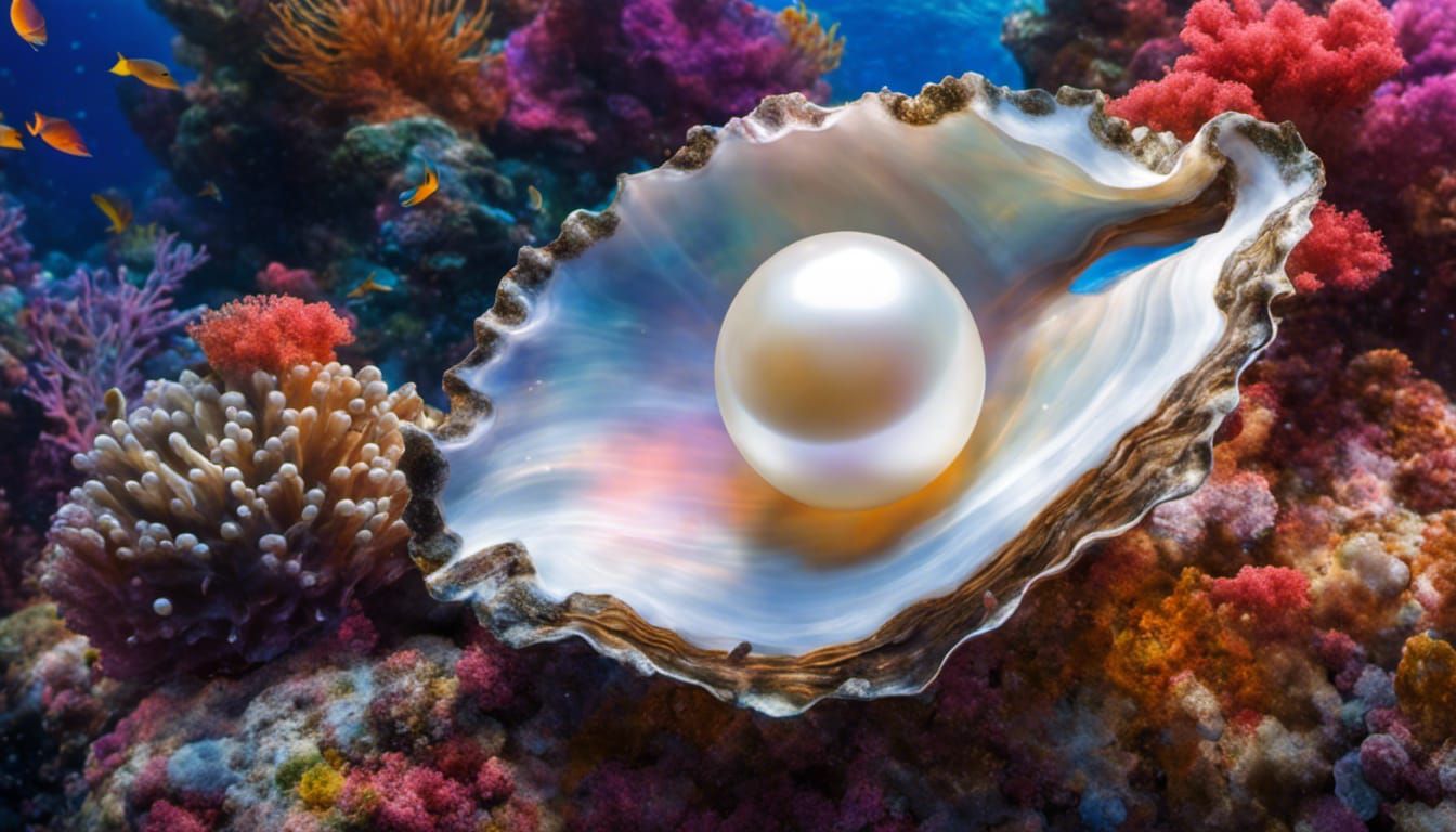White Pearl in Oyster Shell on Coral Reef