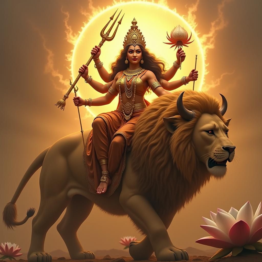 Maa Durga on Lion, Matte Painting Style