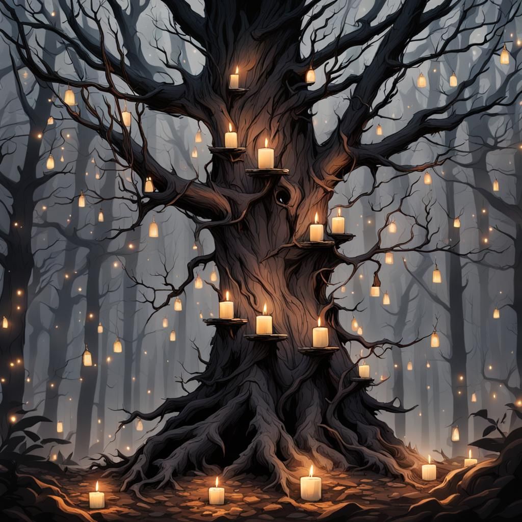 Candlelit Tree in Dark Forest