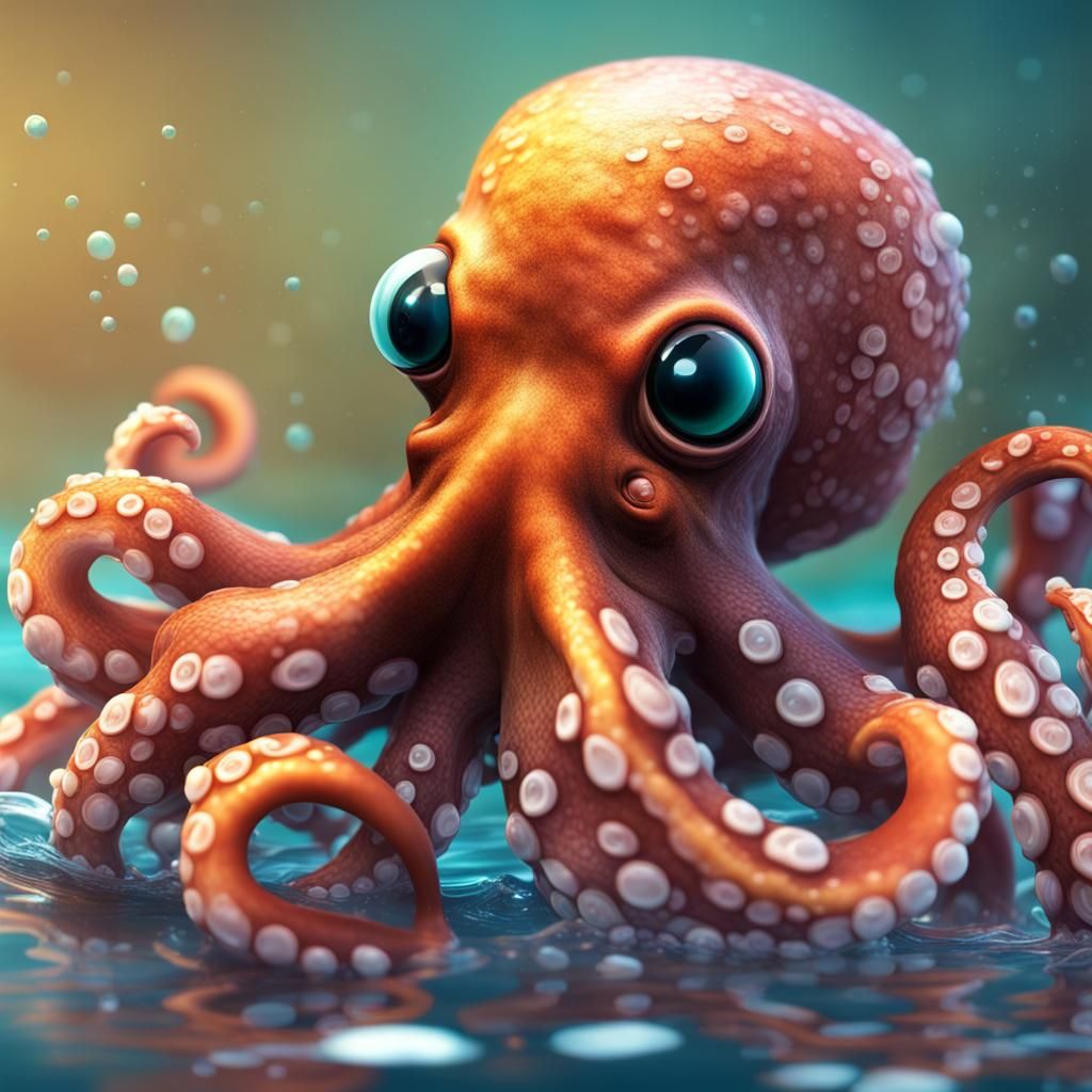 Cute Octopus Swimming in Hyperrealistic Style