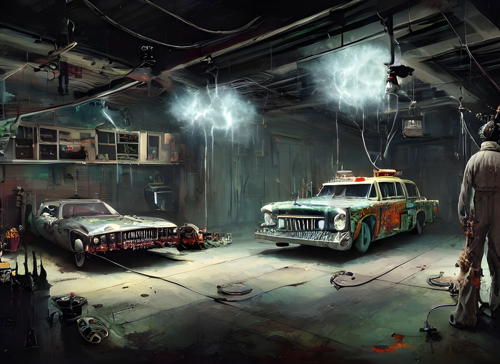 Ectomobile in Haunted Garage: Neon Noir Fantasy Art