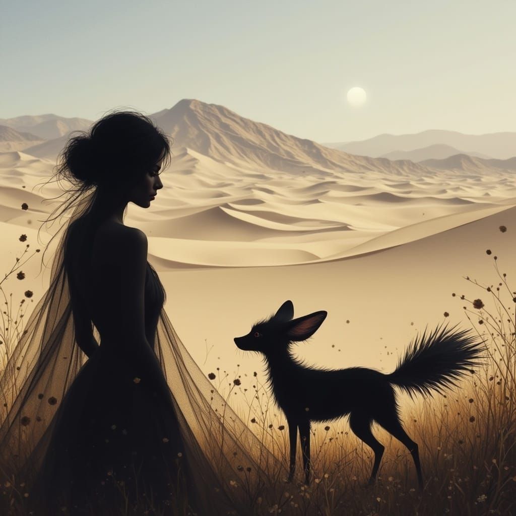 Surreal Desert Encounter in Cyberpunk Style