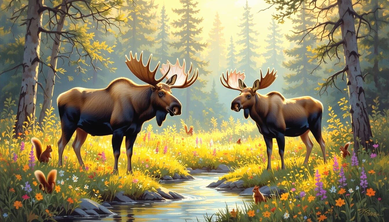 Majestic Moose Pair in Forest Clearing with Squirrels