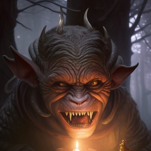 Evil Goblin in Dark Forest, Detailed Fantasy Art