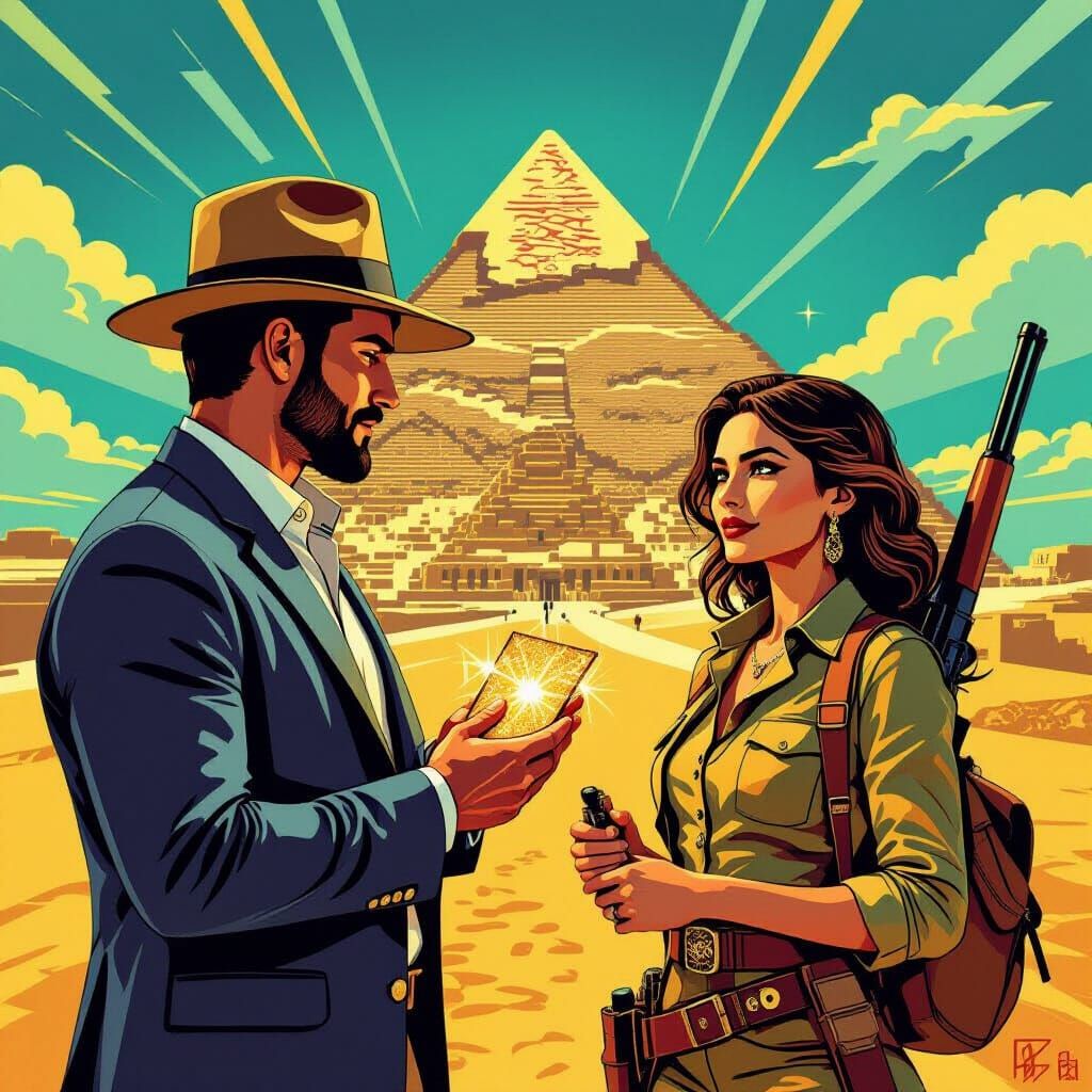 Man with Gold and Girl with Rifle Near Egyptian Pyramid