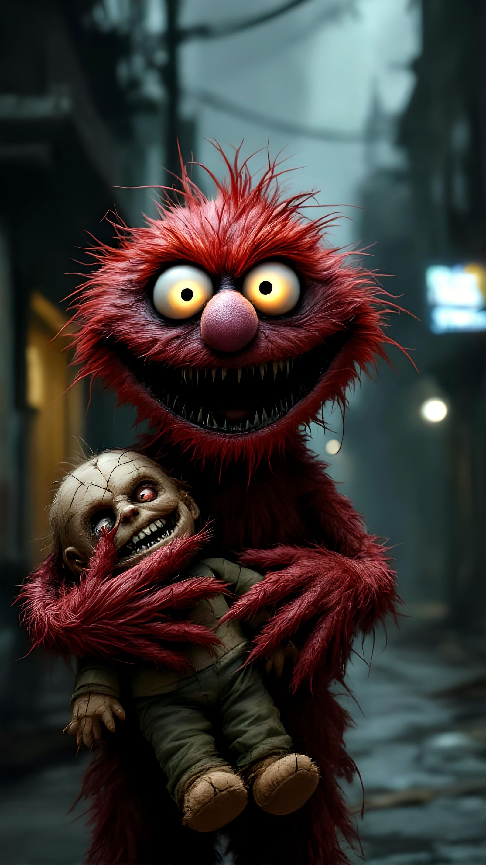 Creepy Elmo: A Sinister Puppet in Chibi Style