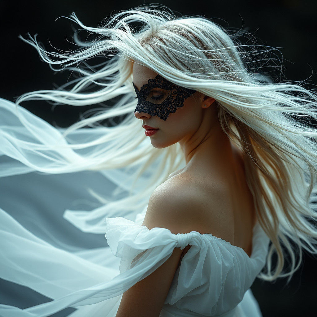 Mysterious Woman in Flowing Gown with Lace Mask