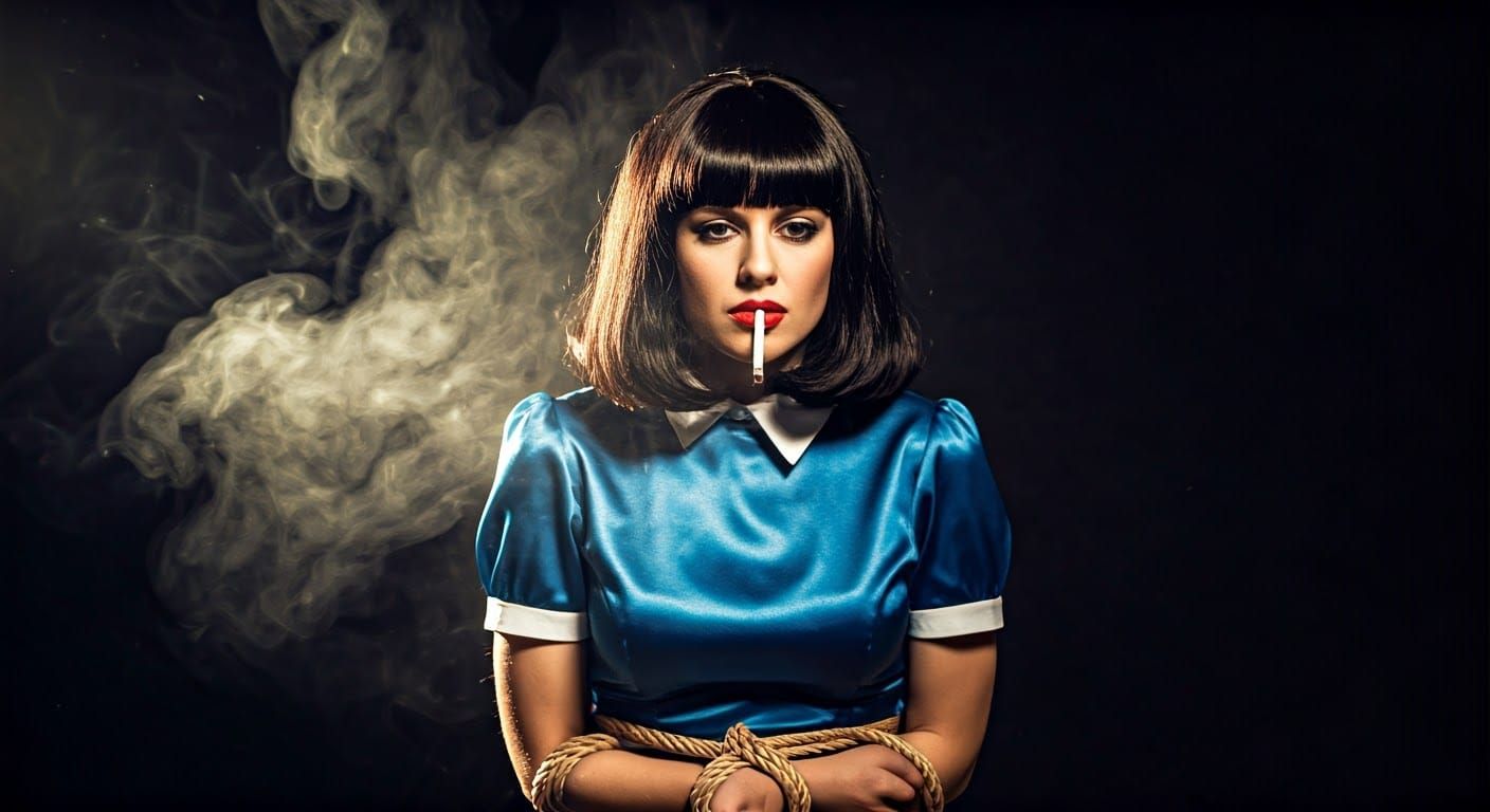 Cinematic Woman in Blue Dress with 16mm Film Grain