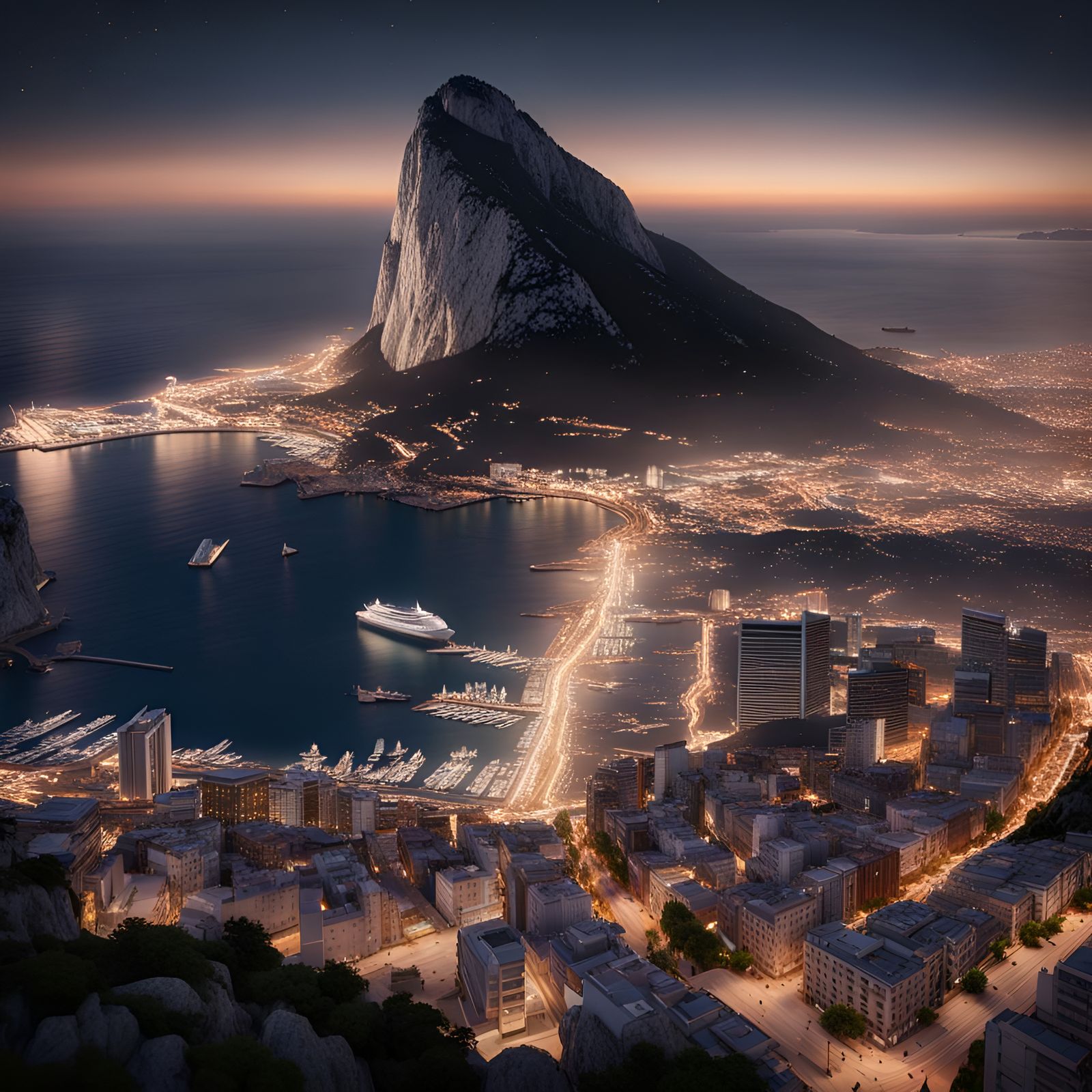 Gibraltar Night Scene: Rock, City, and Starry Sky